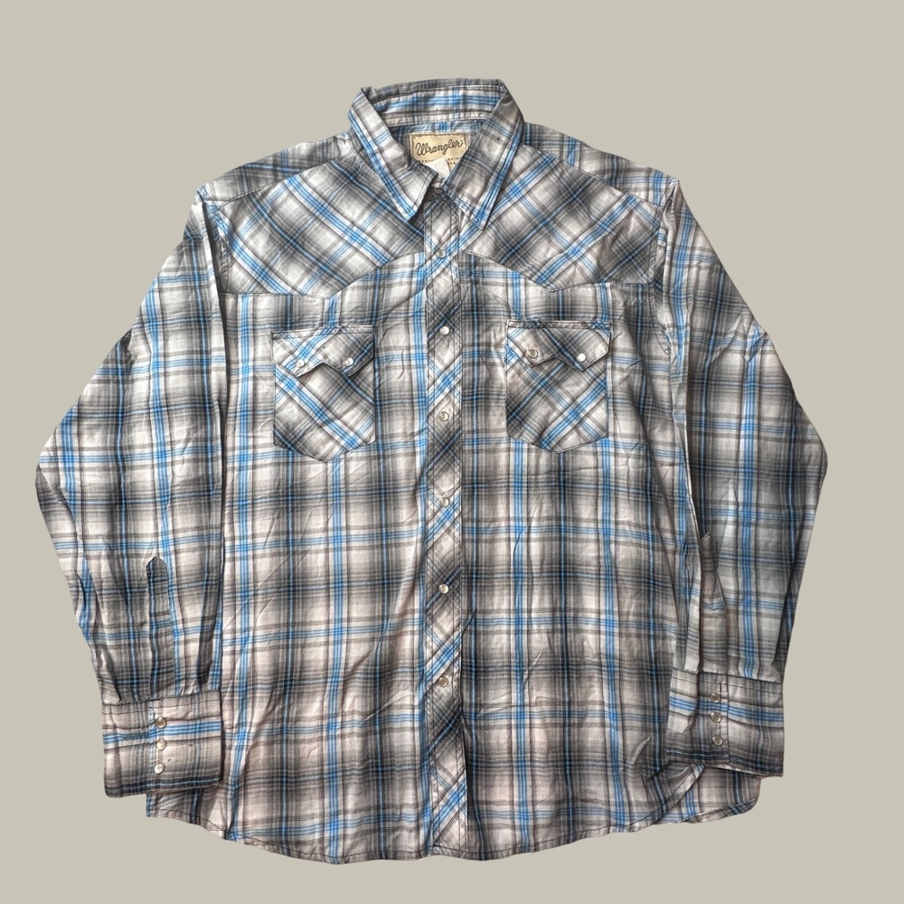 Wrangler Shirt Mens XXL Western Fashion Pearl Snap Blue Plaid Yoke Long Sleeve